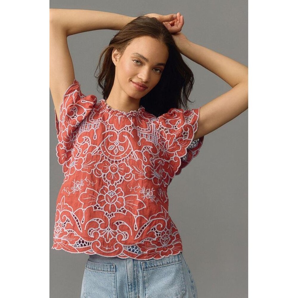 ANTHROPOLOGIE Women's The Lainie High-Neck Lace Cutwork Blouse Size L In rust